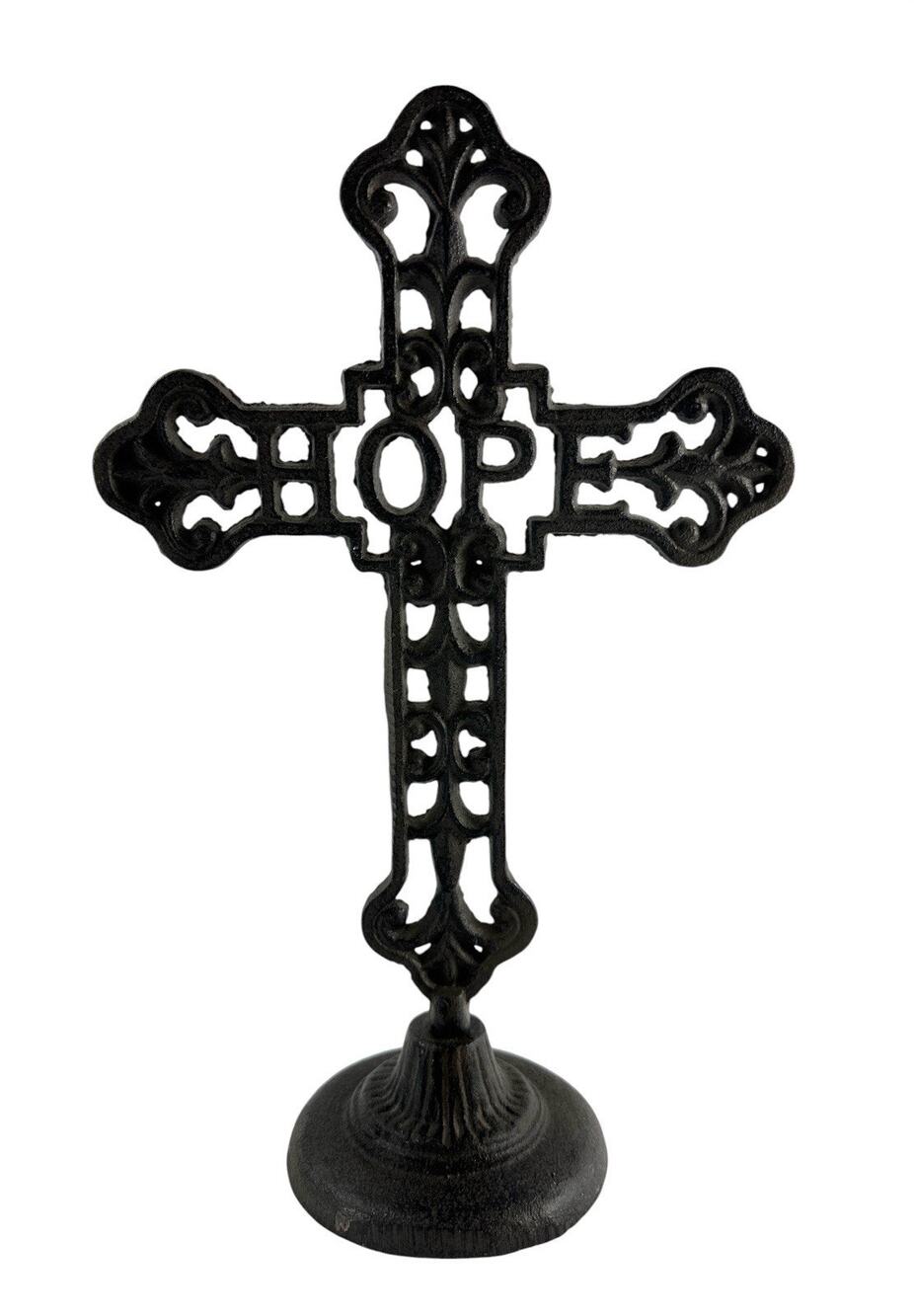 Cast Iron Standing Cross HOPE Ornate Scrollwork Religious Decor 12”